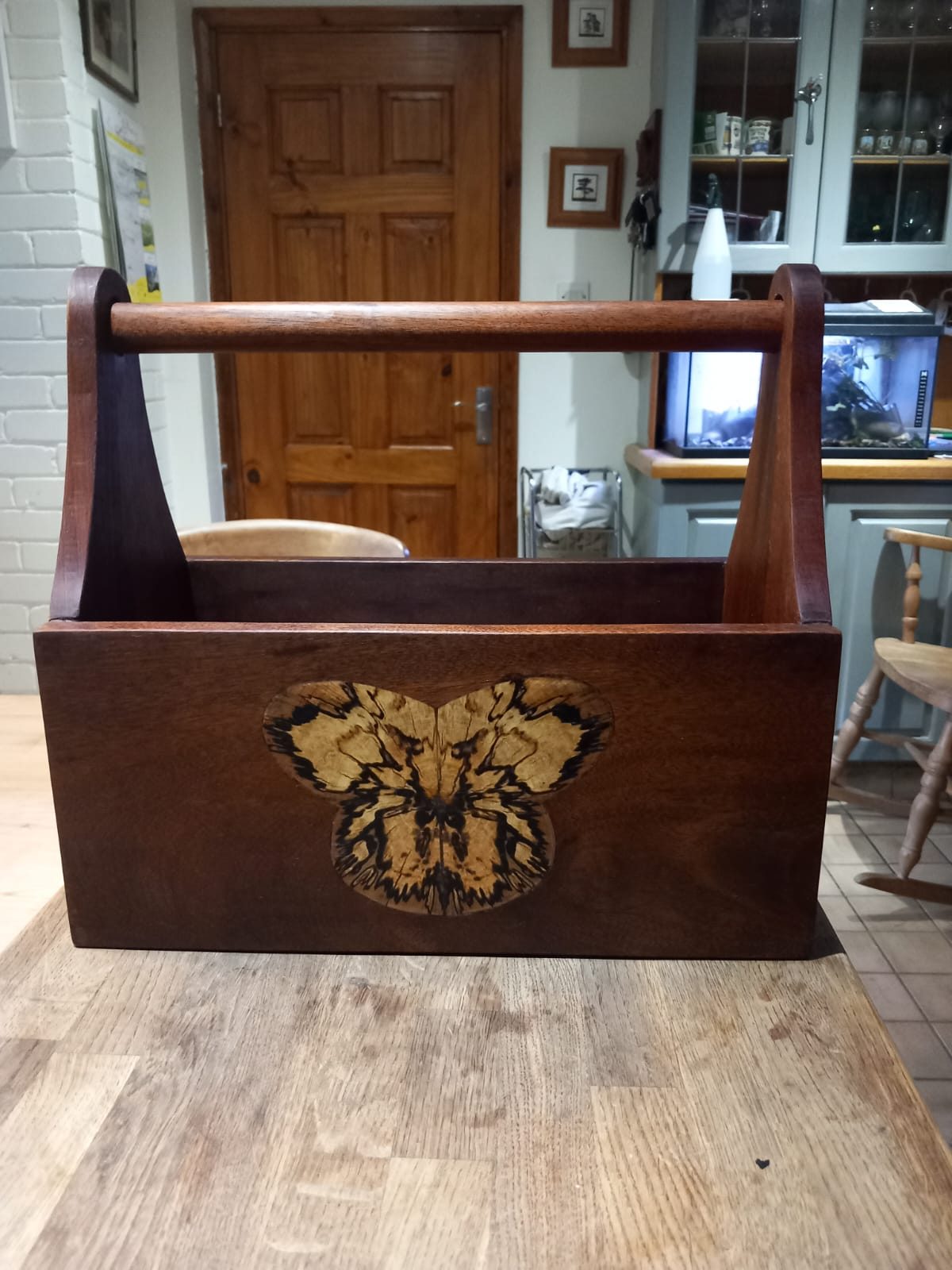 Wooden tool carrier with a spalted butterfly on the front